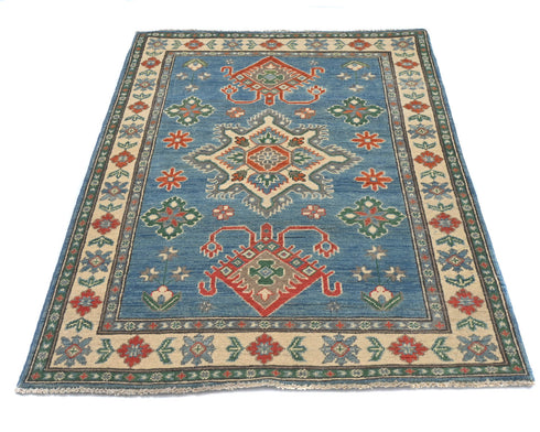 3x5 Blue Kuba Afghan Hand Knotted Wool Area Rug